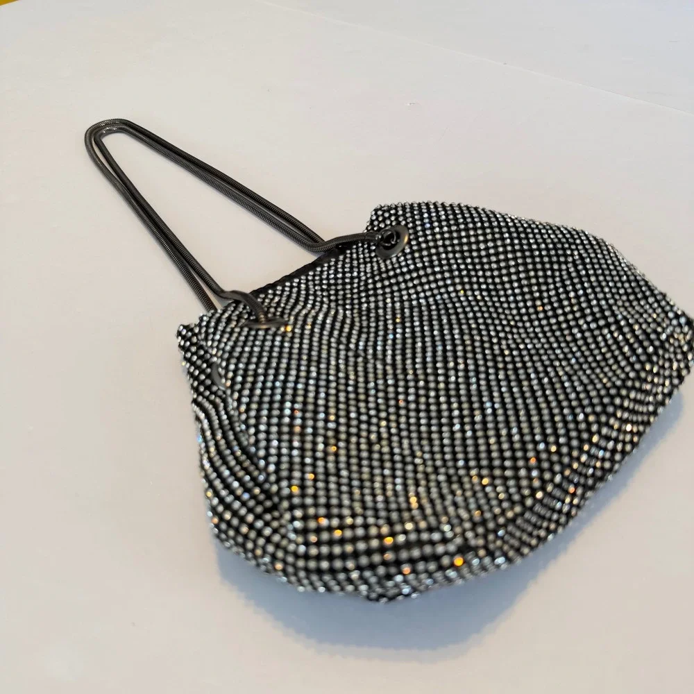 Rhinestone Mesh Evening Bag Silver Black Sparkl Snake Chain Handle Slouchy Pouch
